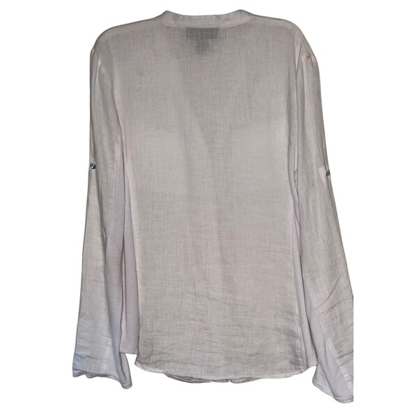 INC. International Concept 8 White Linen Rayon Blouse Pockets Roll Tab Sleeves - Picture 2 of 16